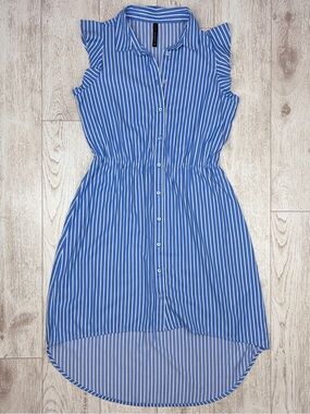 Lori M Blue Stripe High-Low Button Shirt Dress
